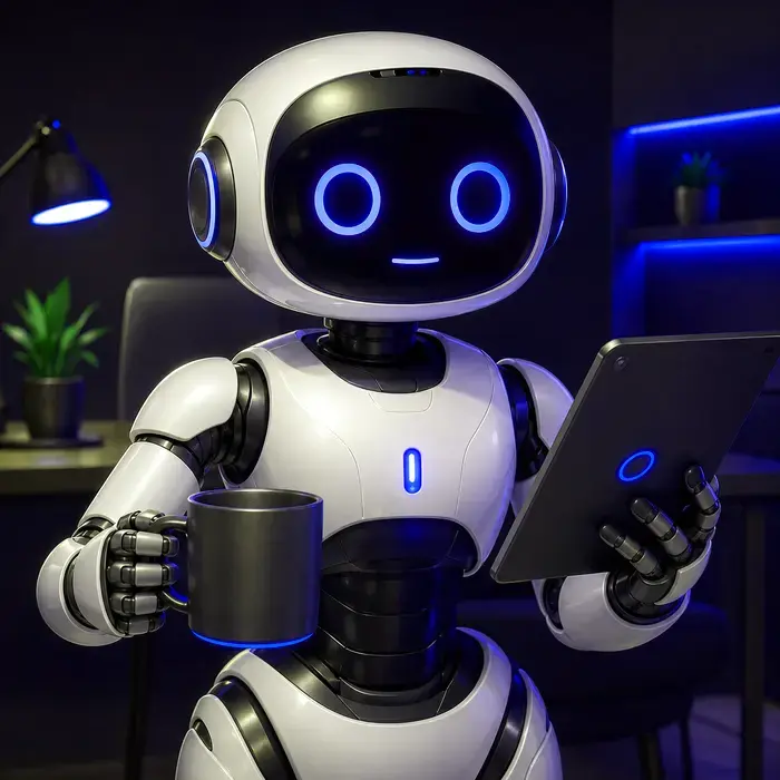 Identități digitale și avatare AI într-un ecosistem robotic luminos